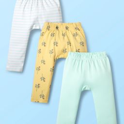 Kookie Kids Interlock Knit Full Length Striped & Tree Printed DIaper Leggings Pack of 3 - White Light Blue & Yellow-image-13