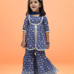 TIPPY TOP Cotton Three Fourth Sleeves Ethnic Printed Front Open Lace Embellished Kurta & Sharara With Dupatta Set - Blue-picture-32