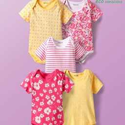Babyoye 100% Cotton Knit Half Sleeves Onesies With Stripes & Floral Print Pack Of 5 - Multicolour-image-42