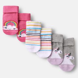 Cute Walk by Babyhug Ankle Length Anti Bacterial Anti Skid Striped Socks with Rainbow & Unicorn Design Pack of 3 - Pink Grey & White-image-24