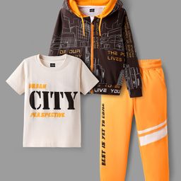 OLLINGTON ST. Cotton Knit Full Sleeves Printed Sweatshirt & Knit Joggers Set With T-Shirt - Yellow-picture-27