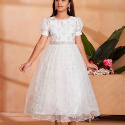 Aarika Net Woven Half Puffed Sleeves Floral Glitter Printed Gown - White-image-17
