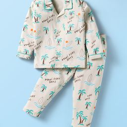Doreme Single Jersey Knit Full Sleeves Co-Ord Night Suit With Beach Theme Print - Light Grey-picture-28