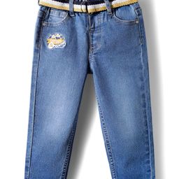 Babyhug Denim Full Length Washed Embroidered Jeans With Stretch & Belt - Blue-picture-14