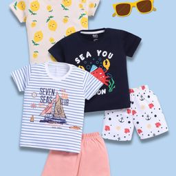 blushh berry Cotton Knit Pack Of 3 Half Sleeves Sea Life & Lemons Printed Tees & Shorts Set - Yellow Navy Blue & White-image-98