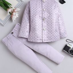 Fourfolds Woven Full Sleeves Floral Embroidered Sequins Embellished Jodhpuri & Trousers Set - Lavender-image-44