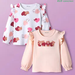 Babyoye 100% Cotton Knit Full Sleeves T-Shirts With Animal Print with Frill Detailing Pack of 2 - White & Peach-picture-41