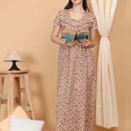 Sweet Dreams Brown Cotton Floral Short sleeve Night Dress-image-87