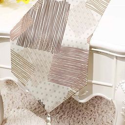 STITCHNEST Beige & Brown Geometric Printed Tasseled Table Runner-3