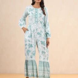 Juniper Teal Floral Printed Rayon Flared Jumpsuit-image-24
