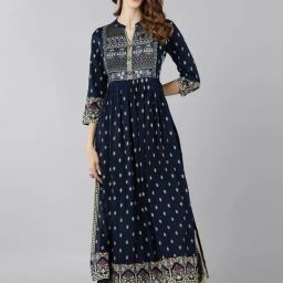 Kipek Navy Printed A-Line Kurta-image-1