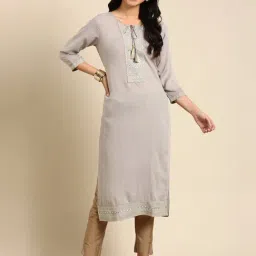 SHOWOFF Grey Embroidered Straight Kurta-image-69