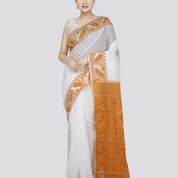 Pinkloom White & Mustard Cotton Woven Saree-image-47