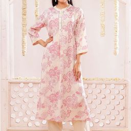Chandbaali Women Printed Cotton Mandarin Collar Kurta Pant Set-image-76