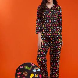 Clovia Black Printed Shirt With Pyjamas-image-54