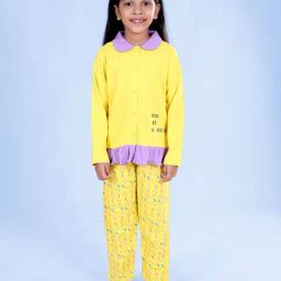 Kiddopanti Girls Yellow Cotton Regular Fit Printed Night Suit-image-27