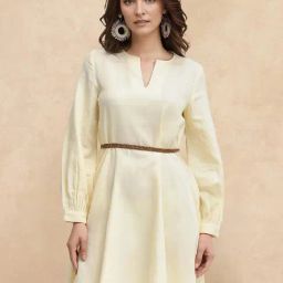 RAREISM Yellow Cotton Solid Long Sleeves Dress-image-12