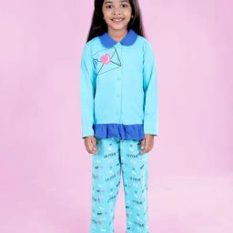 Kiddopanti Girls Aqua Blue Cotton Regular Fit Printed Night Suit-image-55