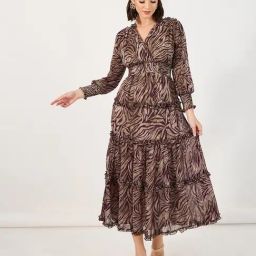 Styli Brown Animal Print Tiered Dress-image-93