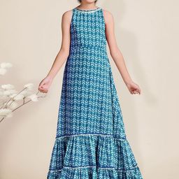 Sangria Girls Printed Boat Neck Sleeveless Fit & Flare Tiered Maxi Ethnic Dresses-image-82