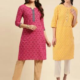 Rangita Yellow & Pink Cotton Printed Straight Kurta - Pack OF 2-image-8