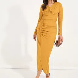 Styli Women Solid V-Neck Gathered Detail Bodycon Maxi Dress-image-72