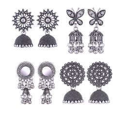 Sangria Set of 4 Oxidised Silver Jhumkas Earrings-44