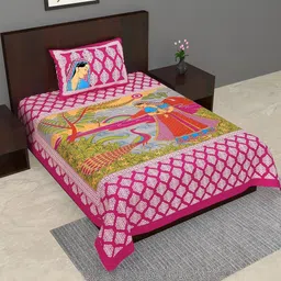 Monik Handicrafts Pink 144 TC Single Bedsheet With 1 Pillow Covers-image-70