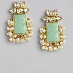 Anouk Gold-Plated Artificial Stone Studded And Beaded Rectangle Shaped Drop Earrings image 4