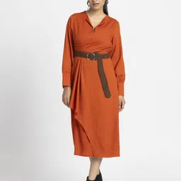 SHAYE Women Rust Orange V-Neck Solid Full Sleeves Casual A-Line Midi Dress-picture-4