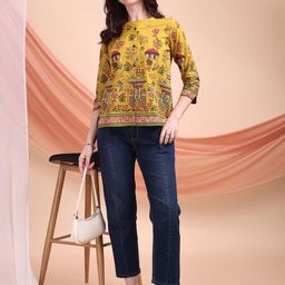 Kinjo Women Ethnic Motifs Printed Round Neck Cotton Top-image-72