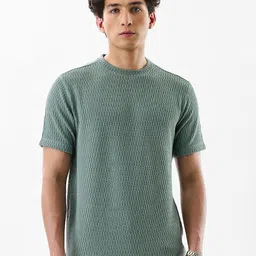 Snitch Men Sage Green Textured Slim Fit T-Shirt-image-56