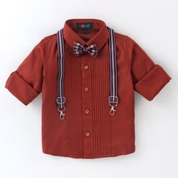 Robo Fry Cotton Full Sleeves Pintucks Party Shirt with Bow & Suspender - Maroon-image-63