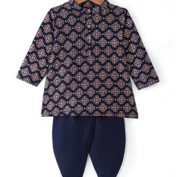 Earthy Touch Cotton Knit Full Sleeves Kurta Pajama Set Floral Print - Navy Blue-image-46