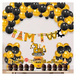 Zyozi Under Construction Theme 2nd Birthday Decorations for Boys Black  Gold - Pack of 37-image-23