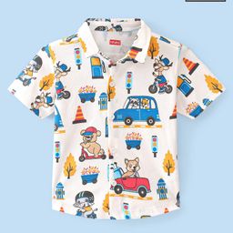 Babyhug 100% Cotton Knit Half Sleeve Shirt With Teddy Print - White-image-89