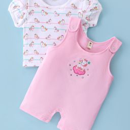 ToffyHouse Cotton Unicorn Embroidery  Dungaree Style Romper with Half Sleeves Printed Top - Light Pink-image-93