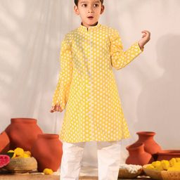 Vastramay Full Sleeves Floral Printed Kurta & Pyjama Set - Yellow & White-image-66