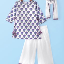 Babyhug Cotton Woven Three Fourth Sleeves Cambric Floral Printed Kurti Palazzo &Dupatta Set - White-image-69
