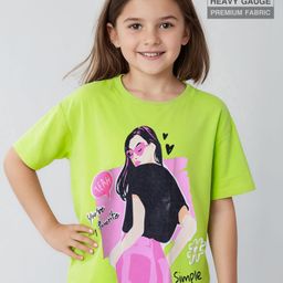 Pine Kids Cotton Knit Half Drop Shoulder Sleeves Oversized T-Shirt with Text Print - Lime Green-image-53