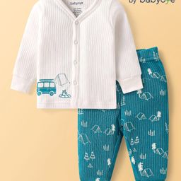 Babyoye Cotton Knit Full Sleeves Front Open Thermal Vest & Pant With Vehicle Print - White & Green-image-49