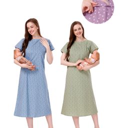 Piu Women's Feeding Pack of 2 Cotton Half Sleeves Heart Print Nighty - Green & Blue-image-21