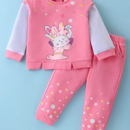 ToffyHouse 100% Cotton Knit Full Sleeves T-Shirt & Lounge Pants Set With Bunny & Polka Dots Print - Pink-picture-17