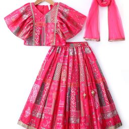 Babyhug Woven Flutter Sleeves Digital Printed Choli Lehenga Set with Dupatta & Lace Detailing - Fuschia-image-27