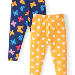 Babyhug Cotton Lycra Knit Full Length Leggings With Butterfly & Polka Dot Print Pack Of 2 - Blue & Yellow-image-19