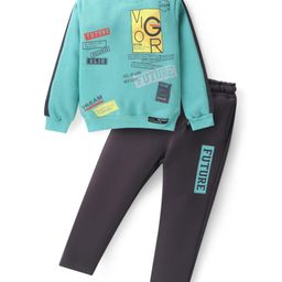 Olio Kids Fleece Knit Full Sleeves Winter Wear Suit with Text Print - Turquoise-picture-20