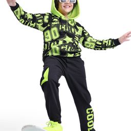 Ollington St. 100% Cotton Knit Full Sleeves Hooded Front Zipper Sweatshirt & Joggers Winter Wear Set With Text Print - Black & Lime Green-image-71
