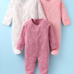 Simply Interlock Knit Full Sleeves Footed Sleep Suits With Animal & Polka Dot Print Pack of 3 - Off White Pink & Light Red-image-34