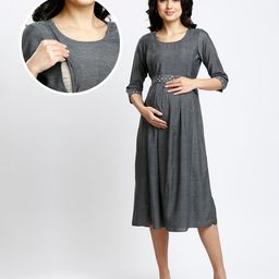 Dummy Shape Three Fourth Sleeves Maternity Flared Kurta With Nursing Access & Abstract Embroidered Attached Belt - Black-image-8
