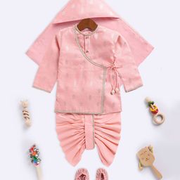 Vastramay Full Sleeves Ethnic Foil Printed Kurta With Kantha Work Detailed DhotiSwaddle & Booties Set - Pink-image-5